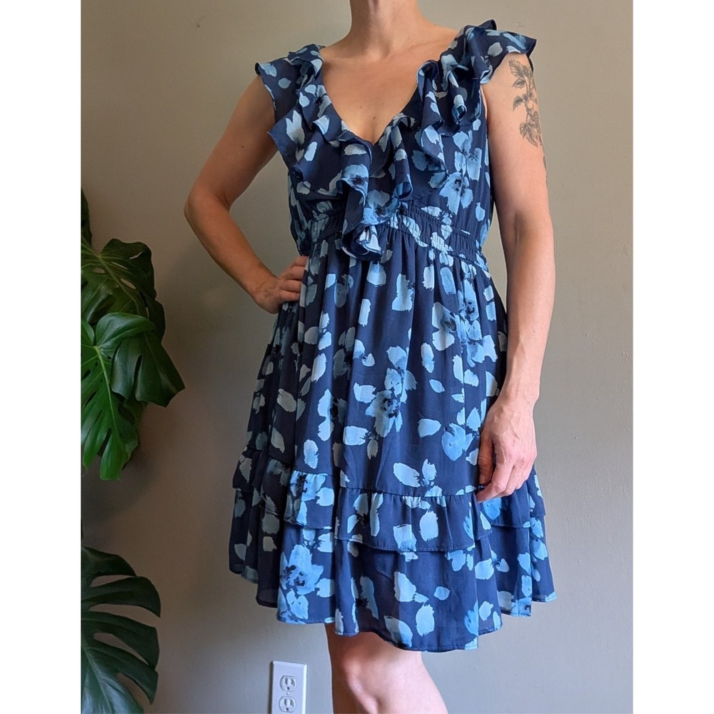 Abercrombie & Fitch Blue Floral Ruffle Mini Dress Size Medium Tall Feminine Chic